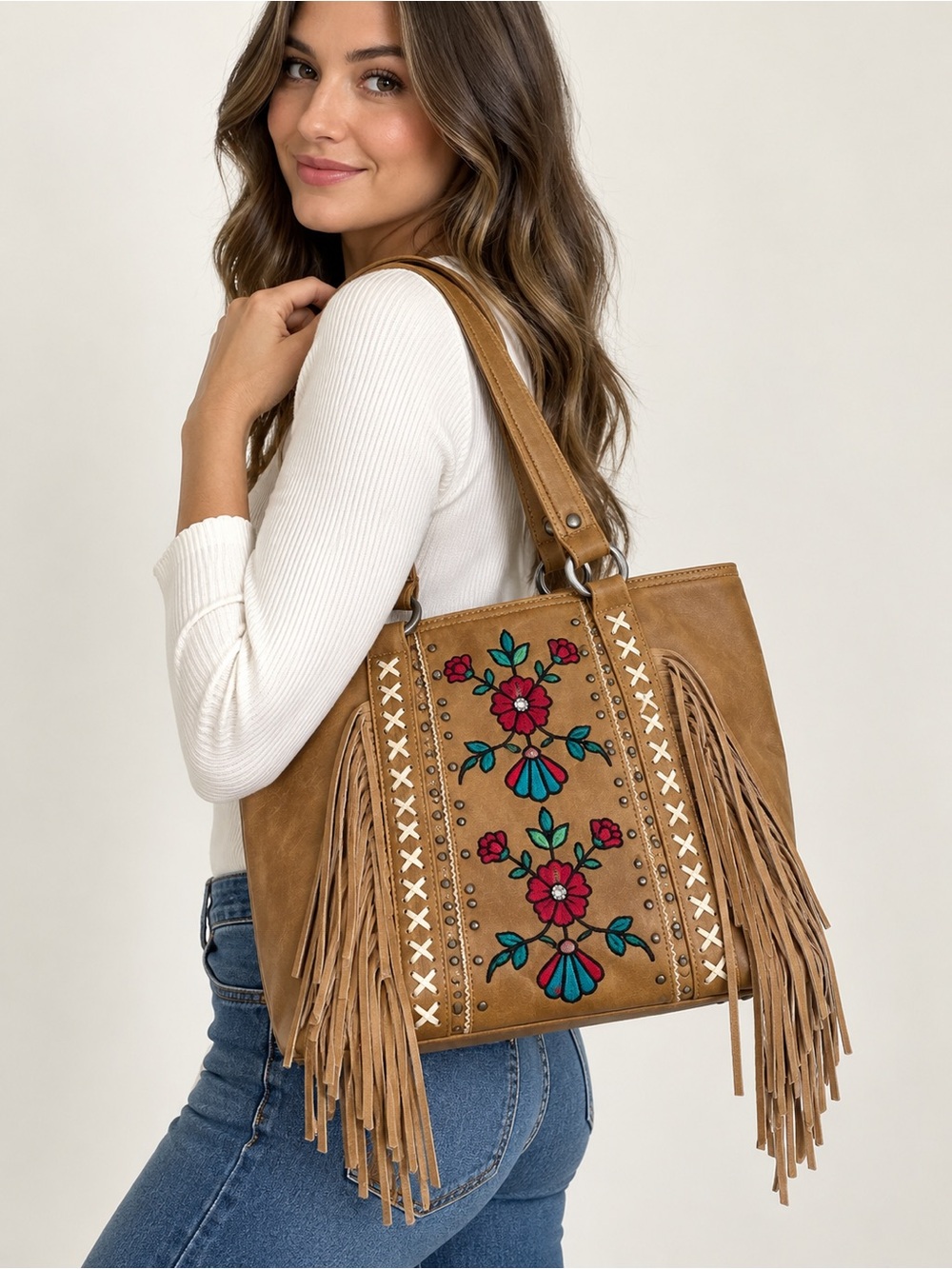 Wrangler MWRG040CF Tan Floral Embroidered Fringe Western Tote Bag